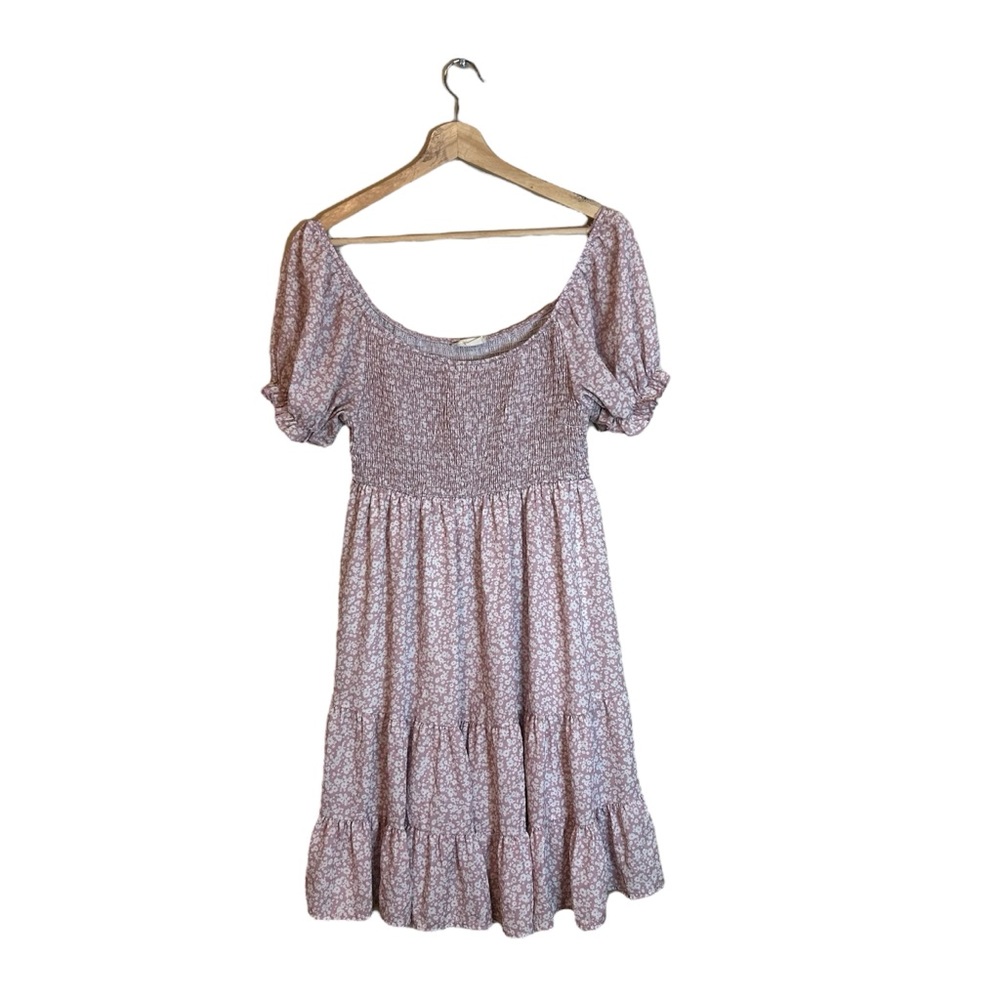 Pink and White Floral Ruffle Dress/Altar’d State/Smocked/Puff Sleeves/Size Large